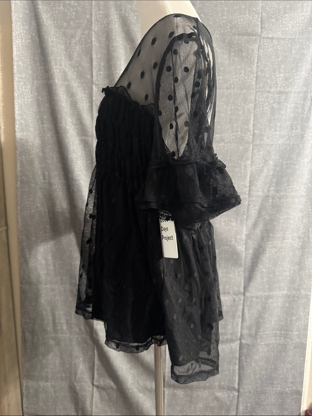 Black Polka Dot Sheer Ruffled Babydoll Top - Picture 3 of 10